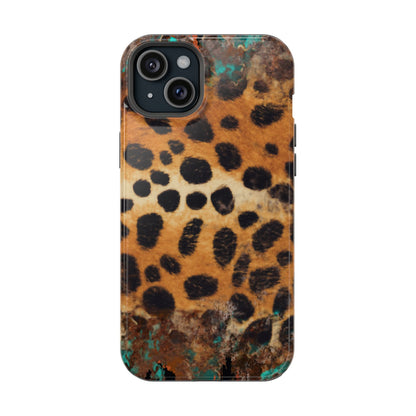 Rustic Leopard Print Tough MagSafe iPhone Case – Distressed Turquoise and Animal Pattern with Dual-Layer Protection