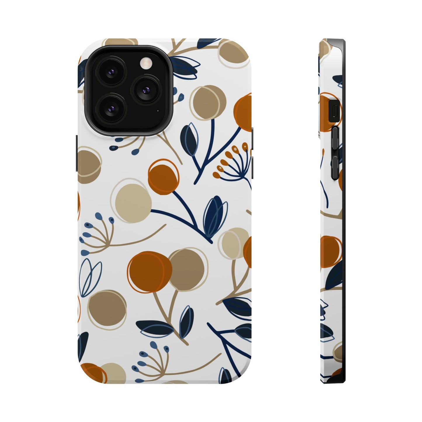 Modern Botanical Berries Tough MagSafe iPhone Case – Earthy Tones & Navy Accents, Shock-Resistant