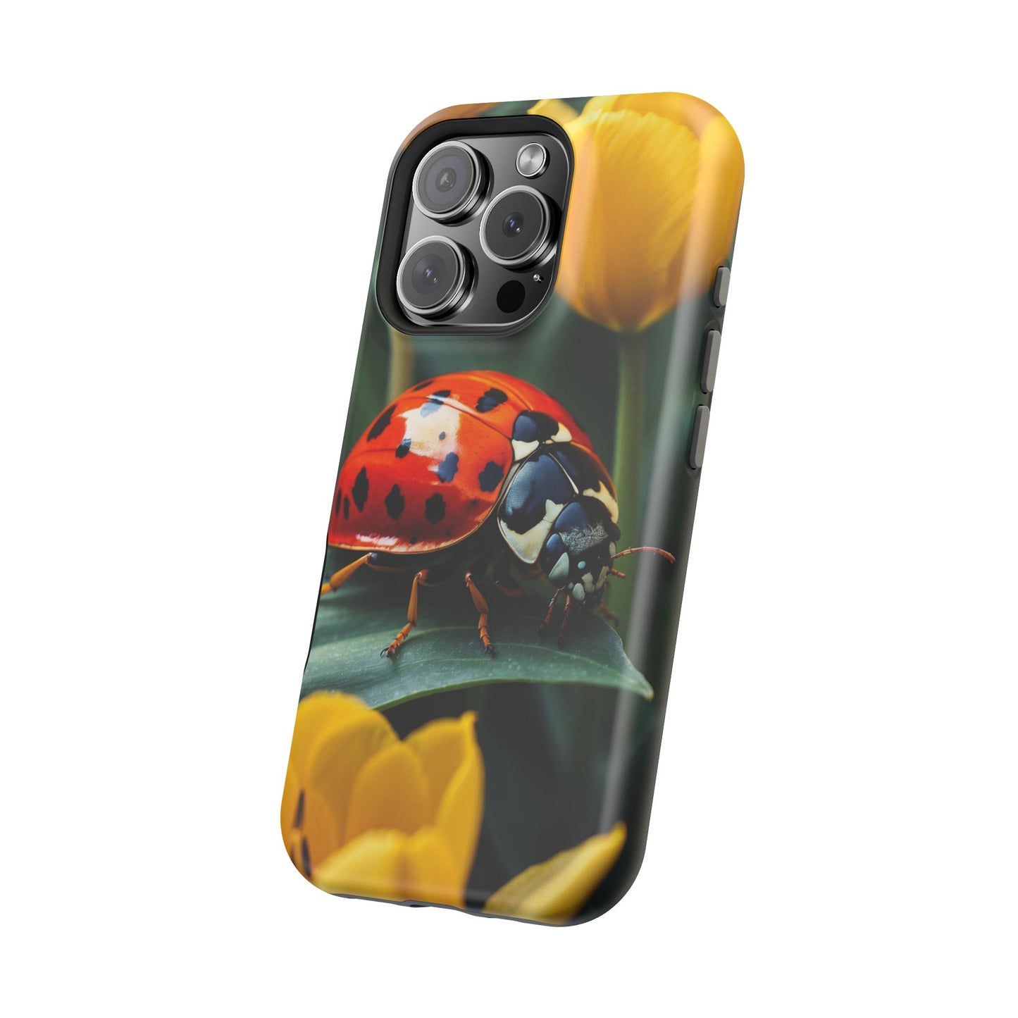 MagSafe iPhone Case: Vibrant Ladybug Amidst a Lush Yellow Flower Garden