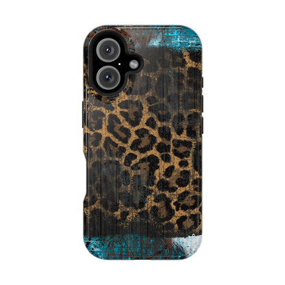 Boho Leopard and Turquoise Tough MagSafe iPhone Case – Rustic Western Design with Dual-Layer Protection