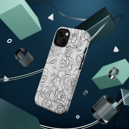 Monochrome Rose Garden Tough MagSafe iPhone Case – Elegant Floral Line Art with Dual-Layer Protection