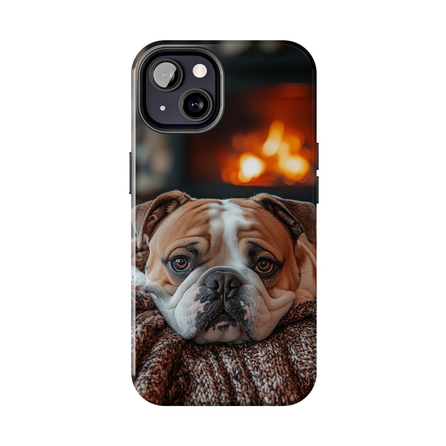 Cozy Bulldog iPhone Case – Fireside-Inspired Protective Cover Description: