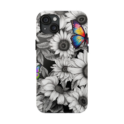 Rainbow Butterflies & Monochrome Sunflowers – iPhone Case