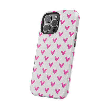 Pink Hearts on Glitter Silver – MagSafe iPhone Case