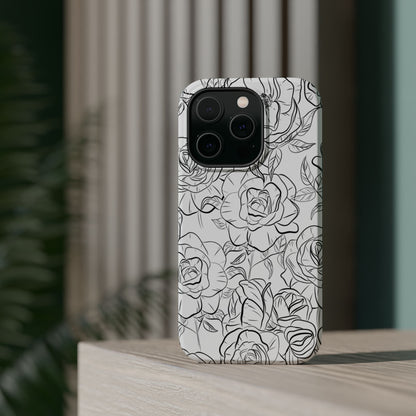 Monochrome Rose Garden Tough MagSafe iPhone Case – Elegant Floral Line Art with Dual-Layer Protection