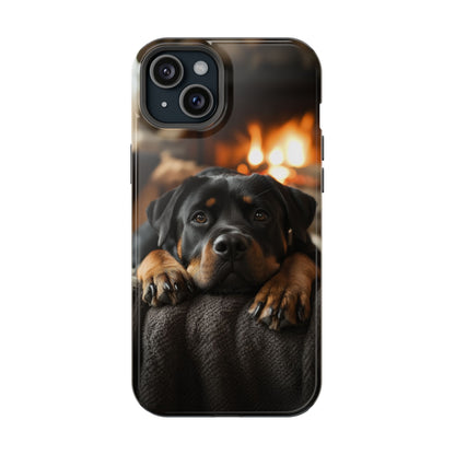 Cozy Rottweiler by the Fireplace MagSafe iPhone Case – Warm Rustic Design