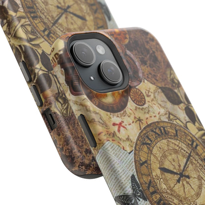 Steampunk Vintage Adventure MagSafe iPhone Case – Dual-Layer Protection with Antique Map and Clock Design