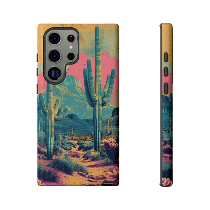 Desert Oasis Retro Cactus Phone Case - Vibrant Sunset Landscape for iPhone 15/14/13/12, Samsung S24/S23/S22/S21, & Google Pixel