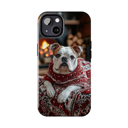 Cozy Bulldog in Sweater iPhone Case – Festive Fireplace Protective Cover