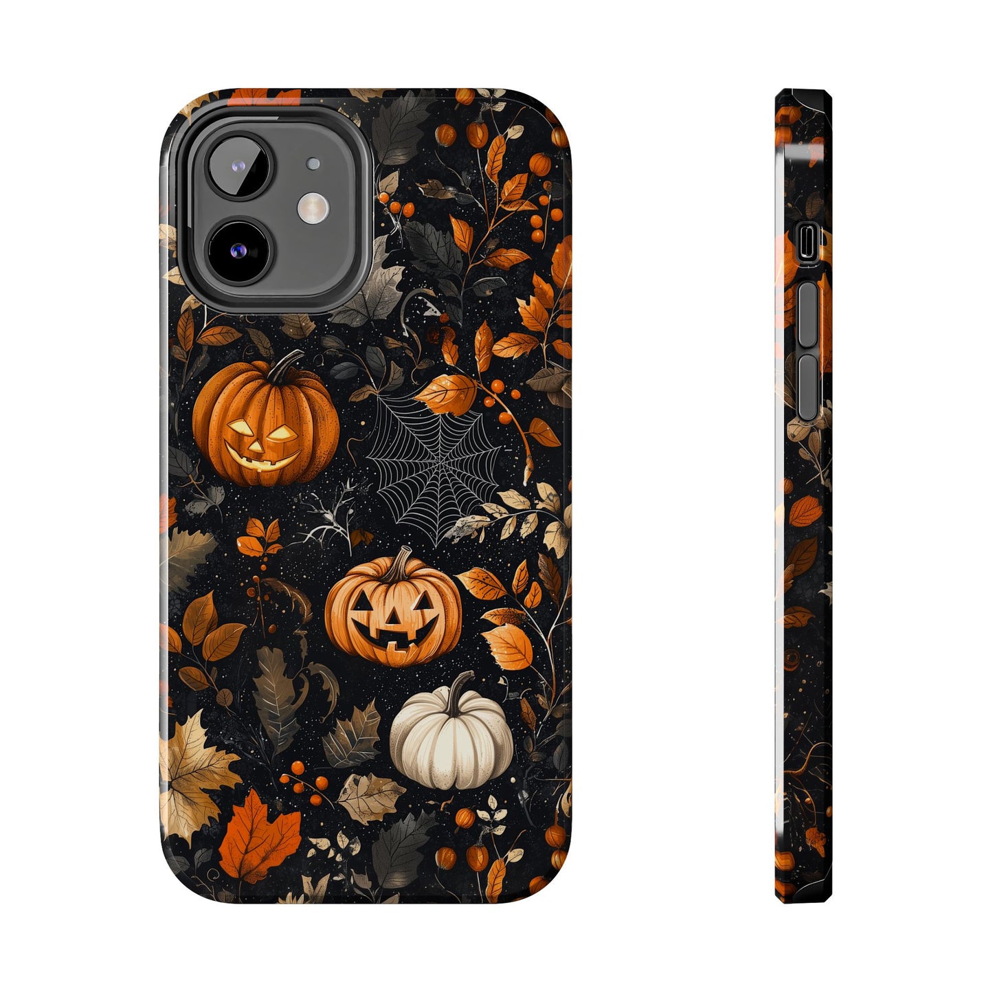 Elegant Halloween iPhone Case – Pumpkin Jack-o'-Lanterns, Cobwebs & Autumn Foliage Design