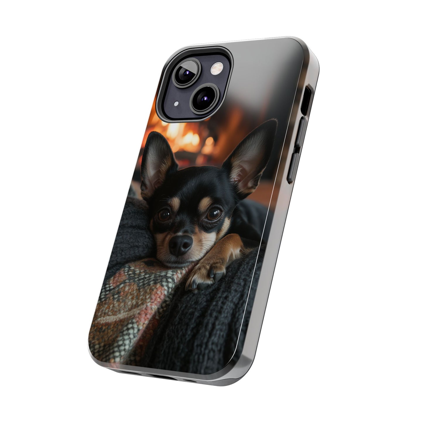 Cozy Chihuahua Fireplace iPhone Case – Warm and Stylish Design