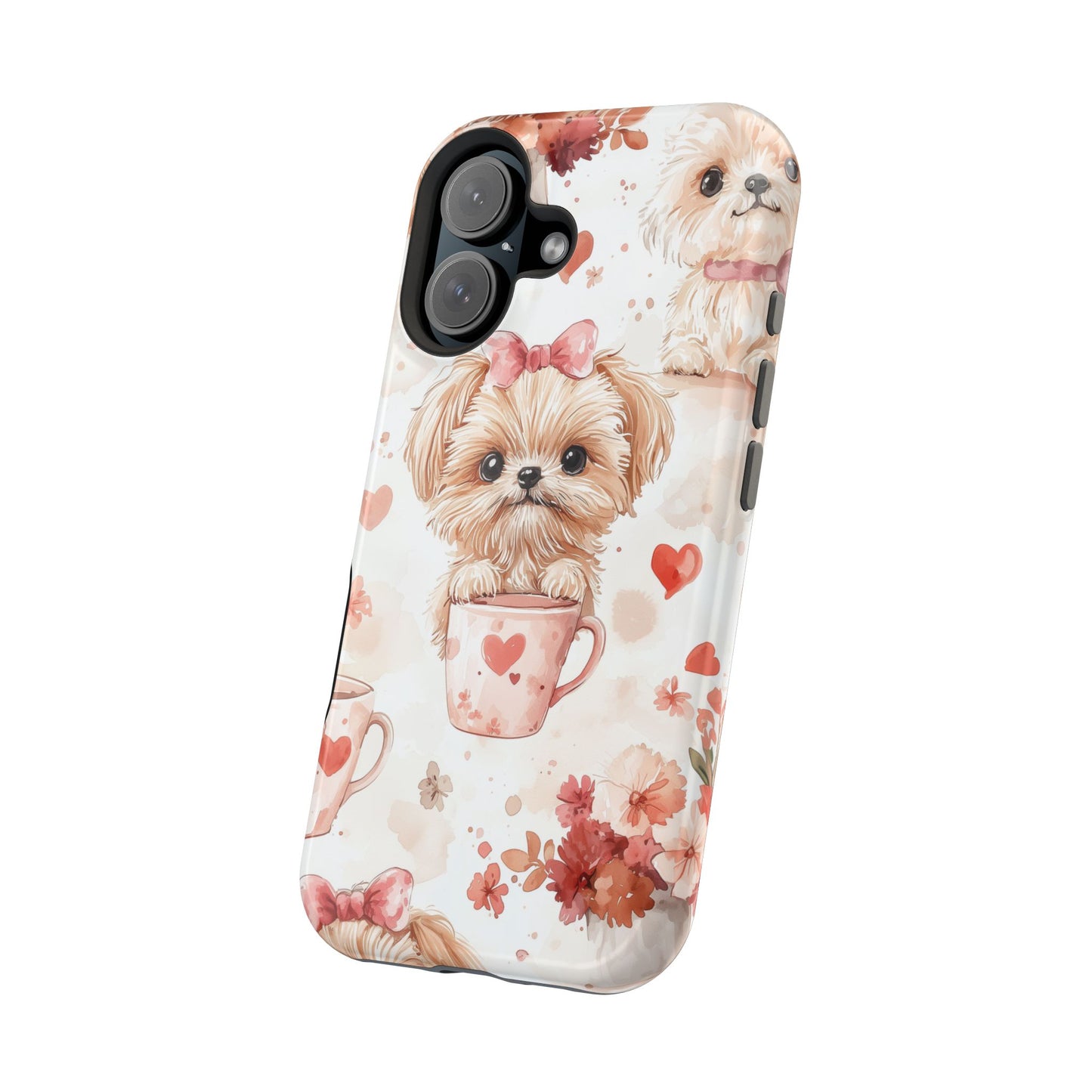 Puppies & Heart Mugs MagSafe iPhone Case – Sweet Dog & Floral Design, Shockproof & Slim