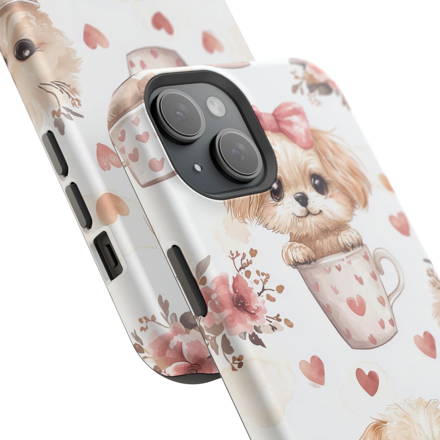 Cute Puppies in Heart MagSafe iPhone Case – Adorable Dog & Floral Design, Shockproof & Slim