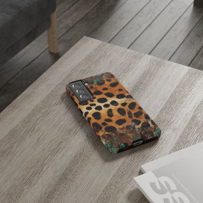 Rustic Leopard Print Tough Samsung Galaxy Case – Distressed Turquoise and Animal Pattern with Dual-Layer Protection