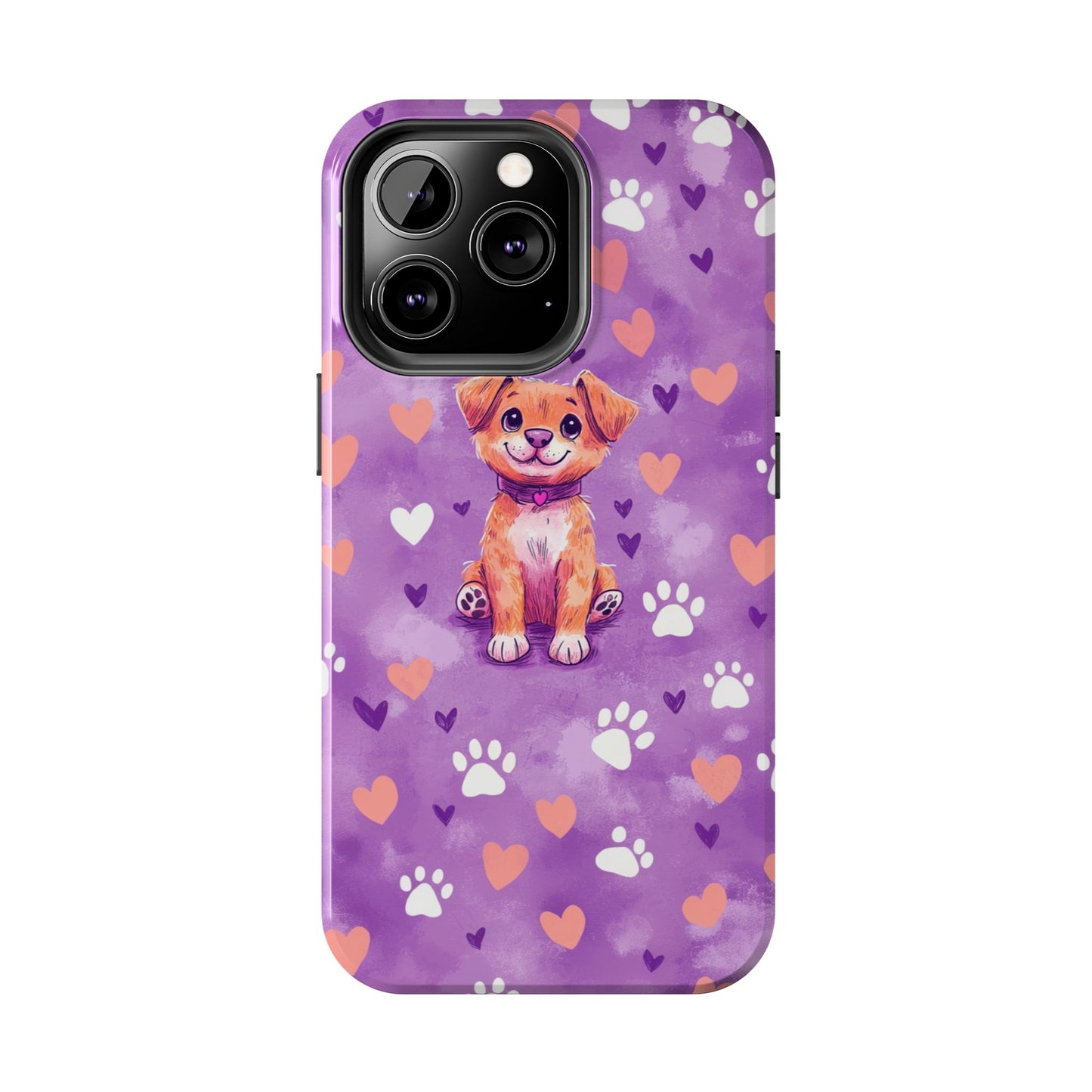 Cute Puppy iPhone Case - Adorable Pet Design with Hearts & Paw Prints, Protective Cover