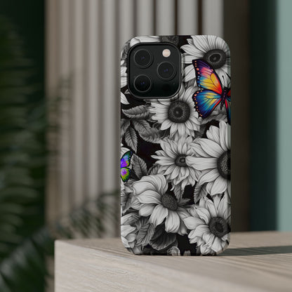 Rainbow Butterflies & Monochrome Sunflowers – MagSafe iPhone Case