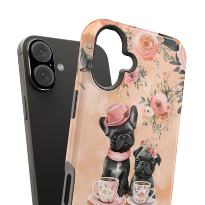 Floral French Bulldogs MagSafe iPhone Case – Elegant Dog Design with Tea Cups & Roses, Shockproof Protection