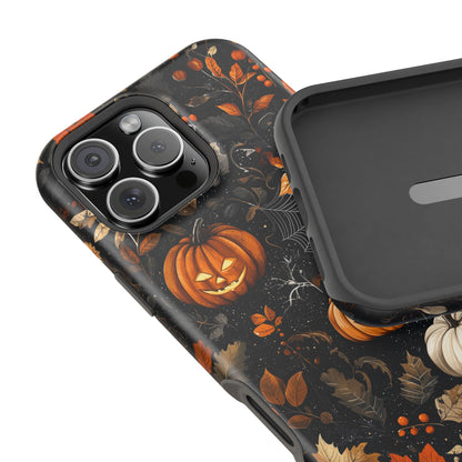 Elegant Halloween MagSafe iPhone Case – Pumpkin Jack-o'-Lanterns, Cobwebs & Autumn Foliage Design