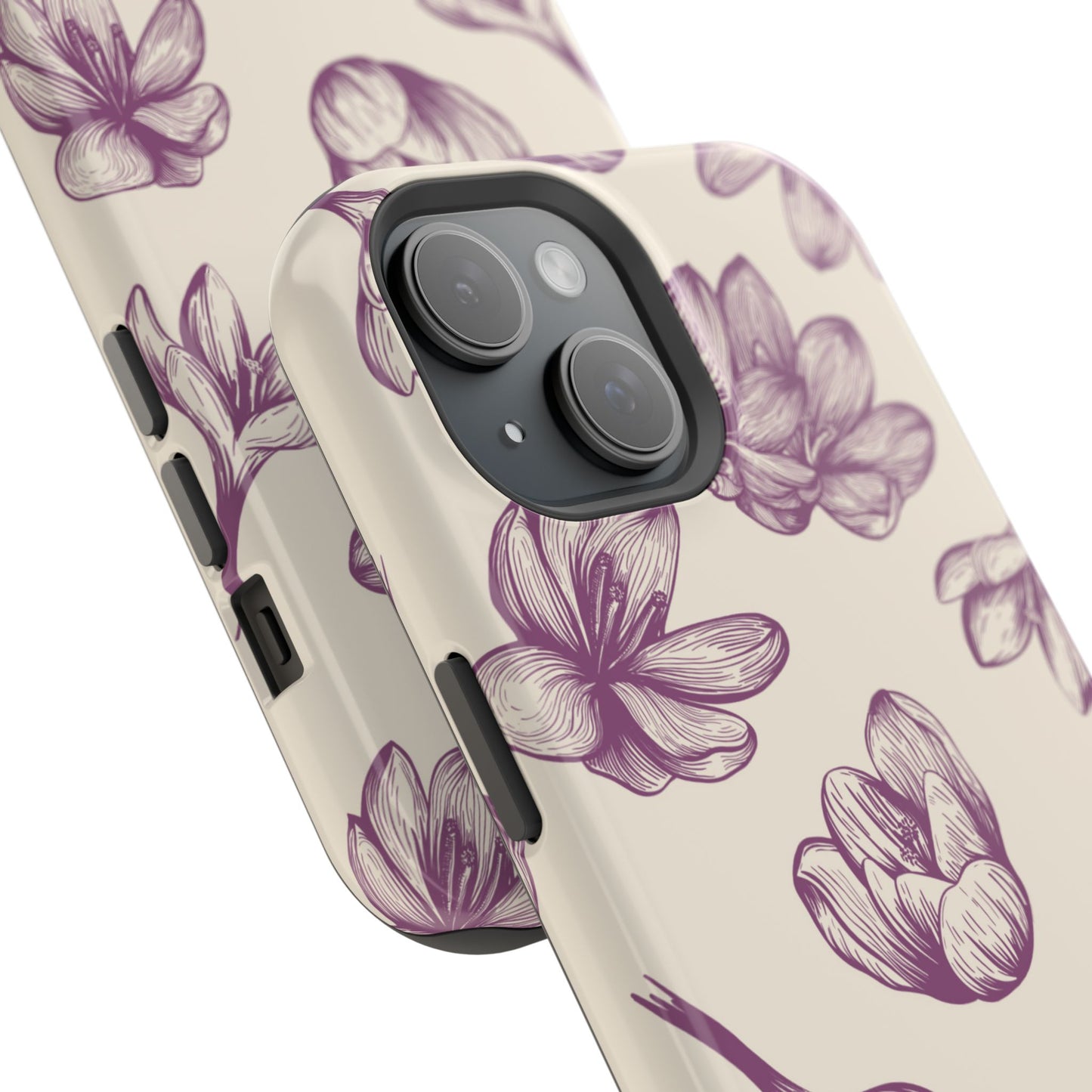 Vintage Botanical Floral Tough MagSafe iPhone Case – Hand-Drawn Purple Flowers, Shockproof Design