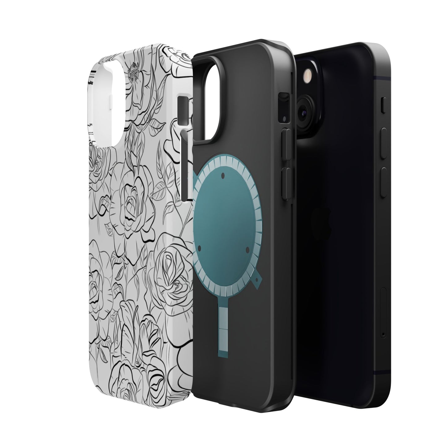 Monochrome Rose Garden Tough MagSafe iPhone Case – Elegant Floral Line Art with Dual-Layer Protection