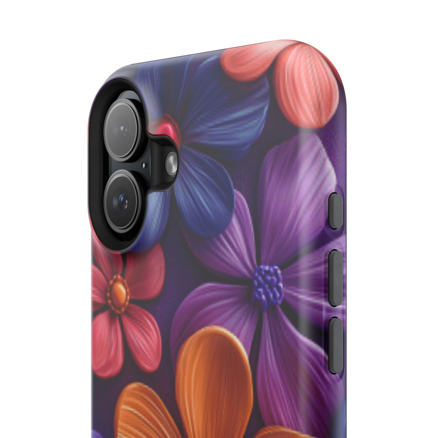 Bold Floral 3D MagSafe iPhone Case – Vivid Purple and Orange Flower Design, Shock-Resistant