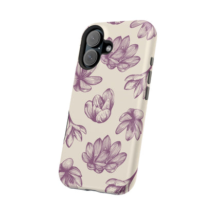 Vintage Botanical Floral Tough MagSafe iPhone Case – Hand-Drawn Purple Flowers, Shockproof Design