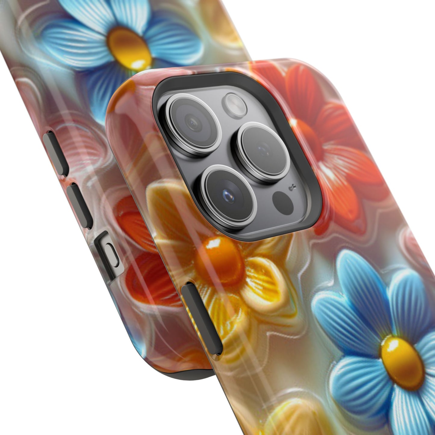 Glossy Retro Flower MagSafe iPhone Case – Colorful 3D Floral Design, Durable Protection