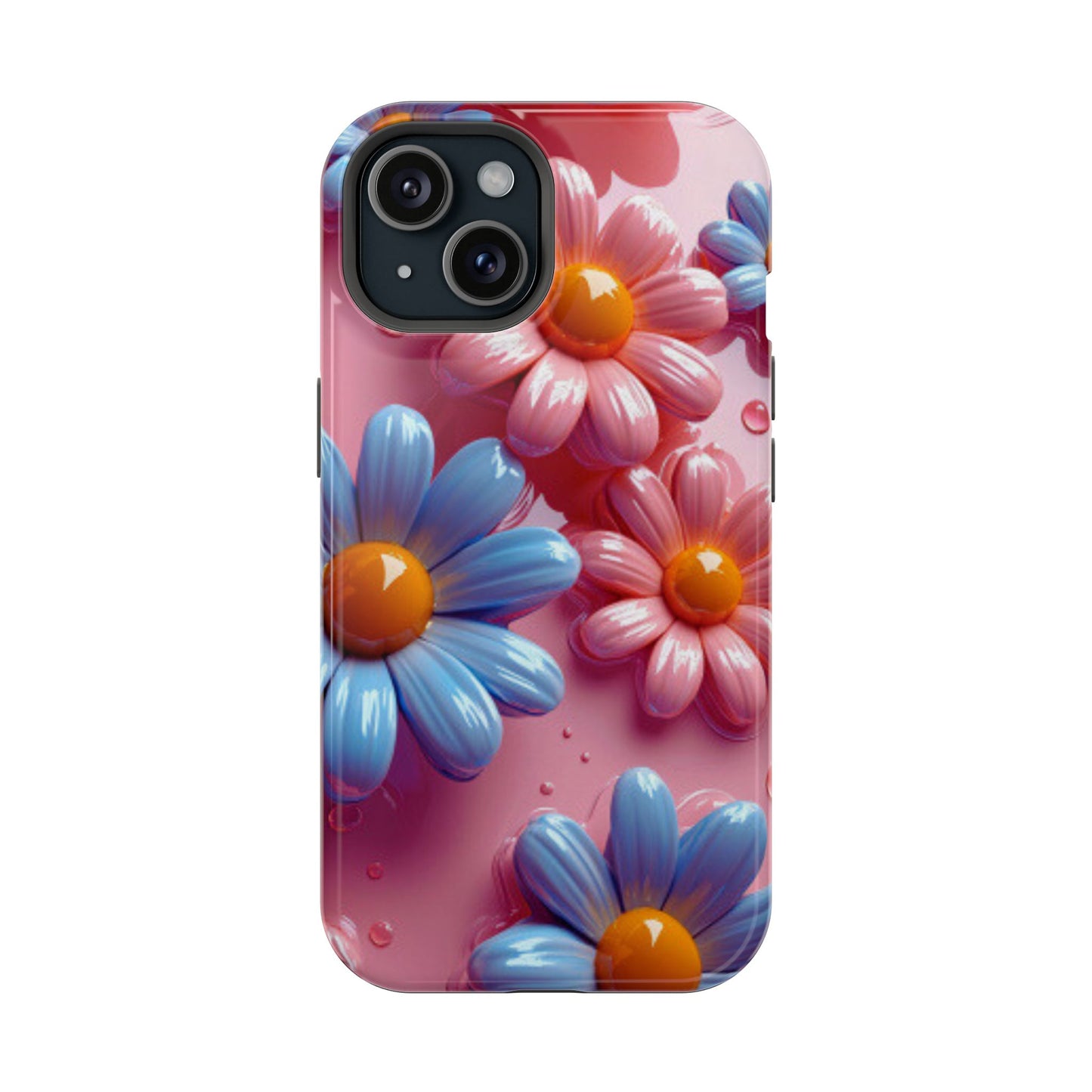 Pastel Daisy 3D MagSafe iPhone Case – Glossy Pink and Blue Floral Design, Full Protection