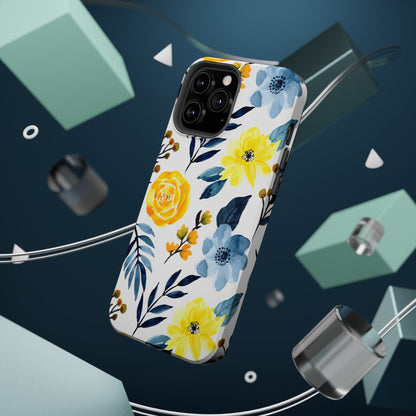 Golden Yellow & Sky Blue Floral – Watercolor Botanical MagSafe iPhone Case