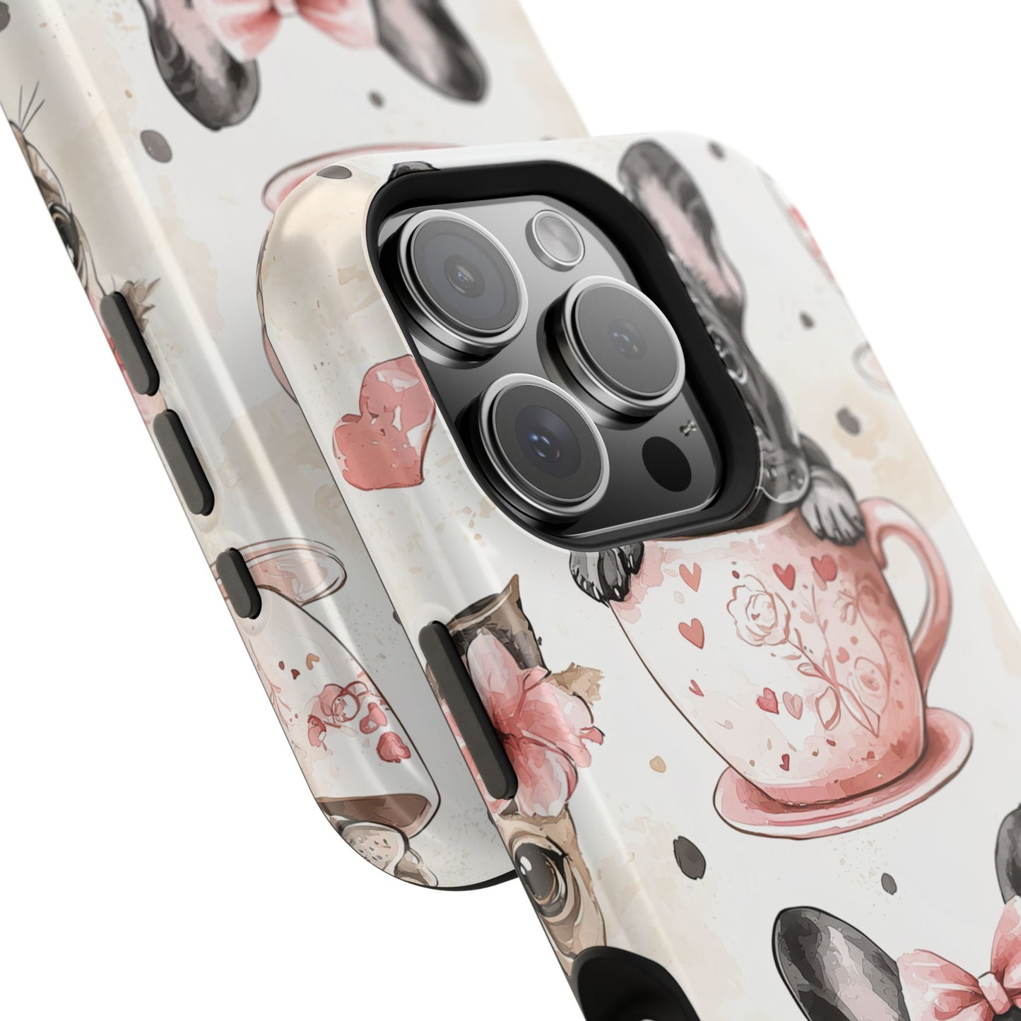 French Bulldogs in Teacups MagSafe iPhone Case – Cute Dog Design with Hearts & Bows, Shockproof & Slim