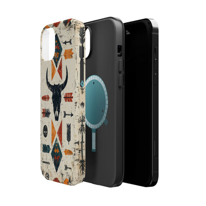 Tribal Bull Skull & Arrows Tough MagSafe iPhone Case – Rustic Western Design, Dual-Layer Protection