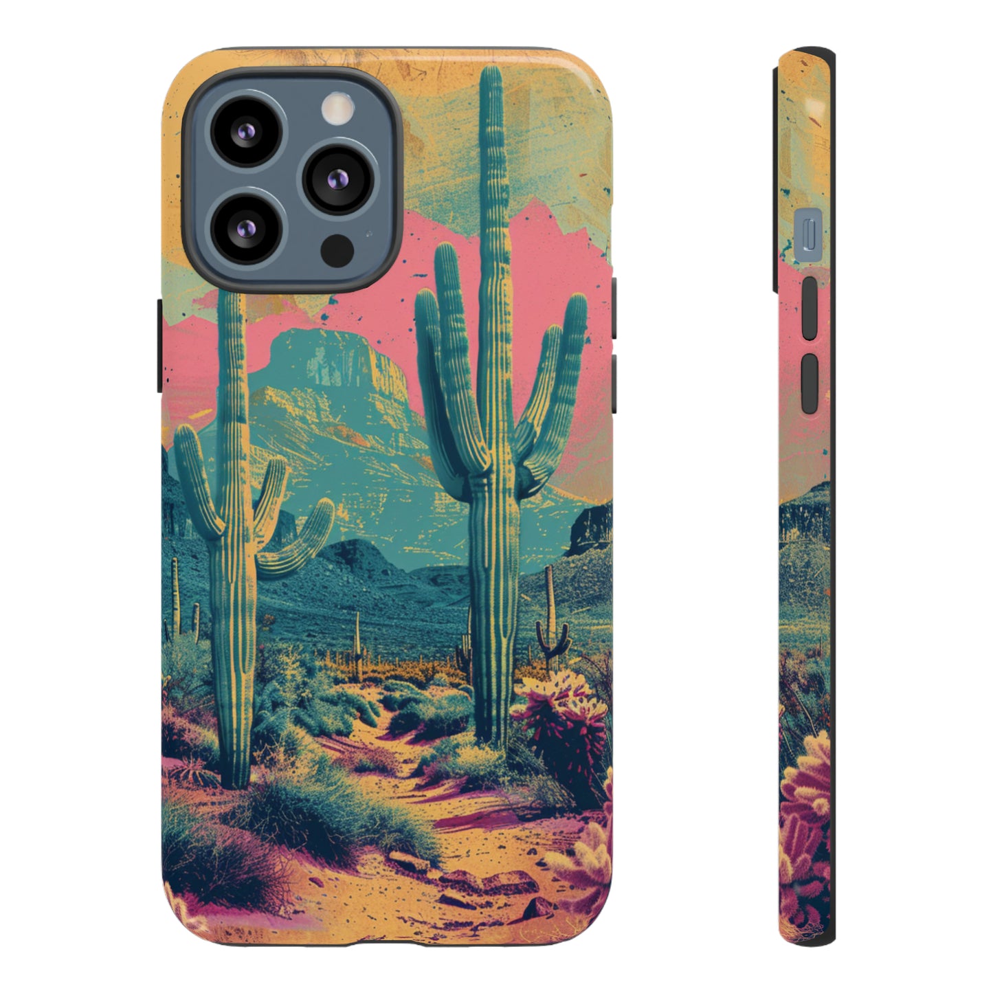 Desert Oasis Retro Cactus Phone Case - Vibrant Sunset Landscape for iPhone 15/14/13/12, Samsung S24/S23/S22/S21, & Google Pixel