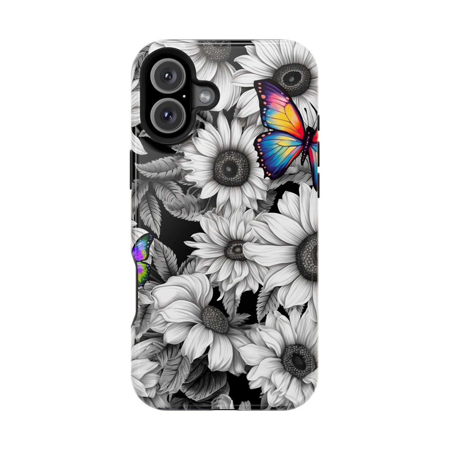 Rainbow Butterflies & Monochrome Sunflowers – MagSafe iPhone Case