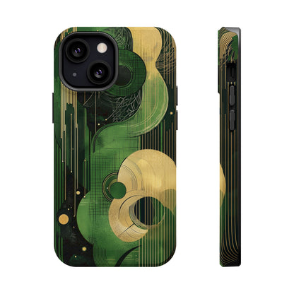 Abstract Green & Gold MagSafe iPhone Case - Geometric Art Deco Protective Cover