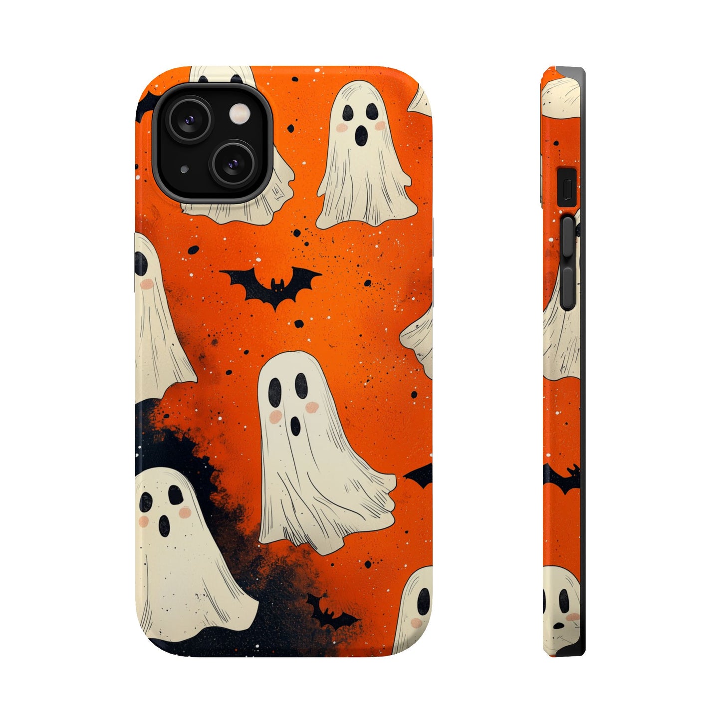 Spooky Ghosts & Bats  MagSafe iPhone Case – Vibrant Orange Halloween Design