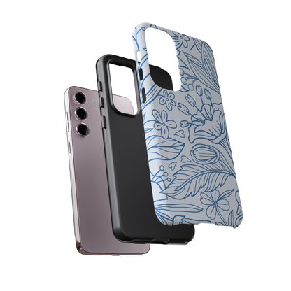 Dusty Blue Floral Line Art Tough Samsung Galaxy Case – Minimalist Botanical Design with Dual-Layer Protection