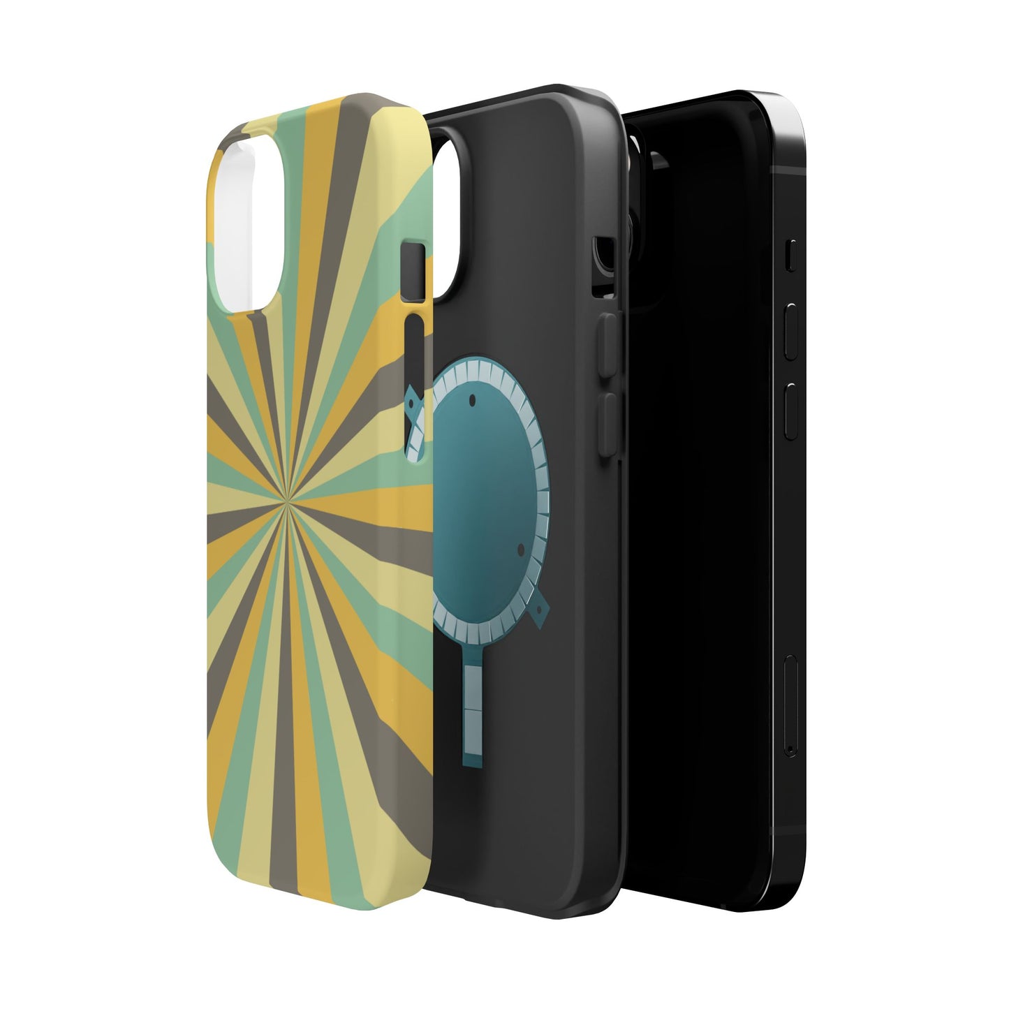 Vintage Sunburst Rays MagSafe iPhone Case – Bold 70s-Inspired Burst in Yellow, Mint, and Gray