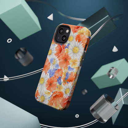 Watercolor Wildflower Pattern MagSafe iPhone Case – Durable Matte Finish with Daisy, Poppy & Cornflower Design