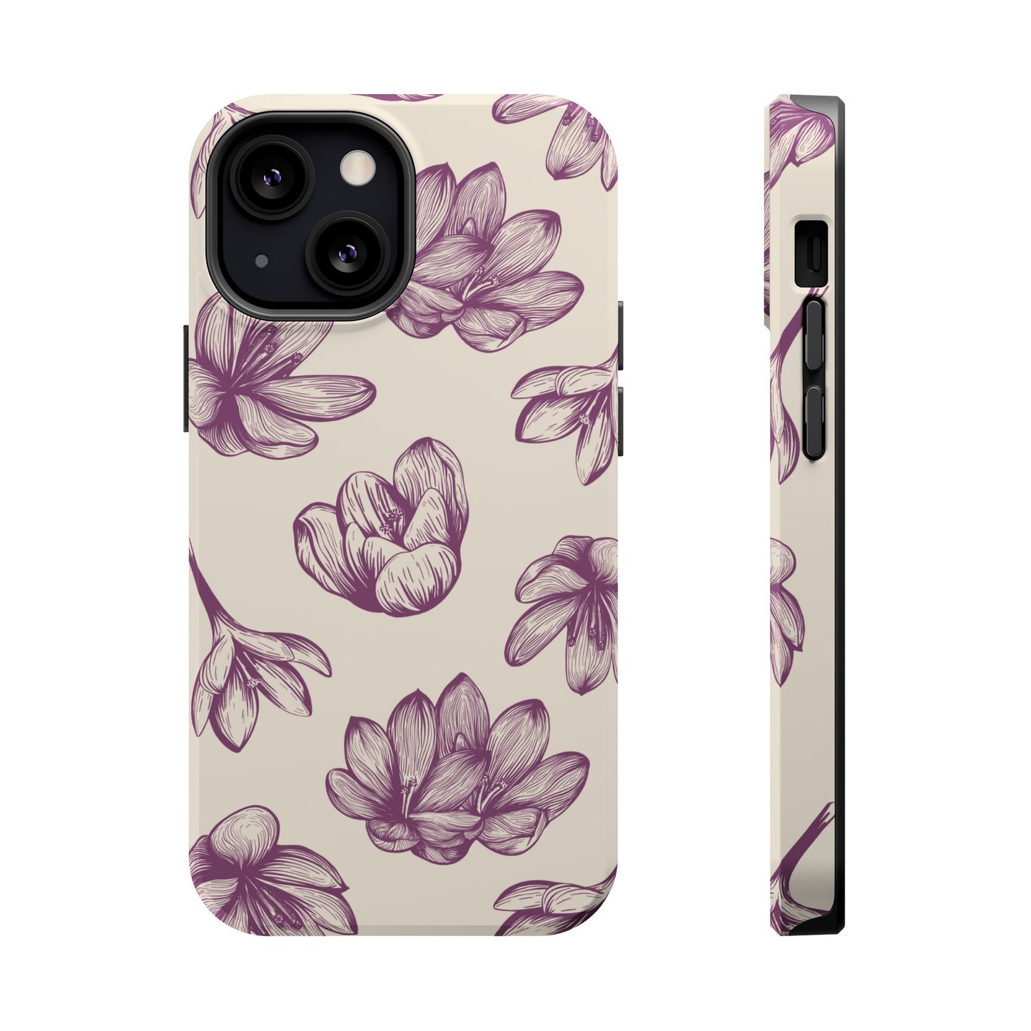 Vintage Botanical Floral Tough MagSafe iPhone Case – Hand-Drawn Purple Flowers, Shockproof Design