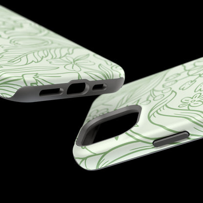 Sage Green Floral Line Art Tough MagSafe iPhone Case – Minimalist Botanical Design with Dual-Layer Protection