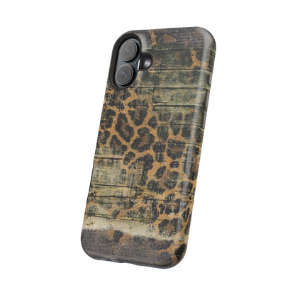 Rustic Wood and Leopard Print Tough MagSafe iPhone Case – Distressed Western Design with Dual-Layer Protection