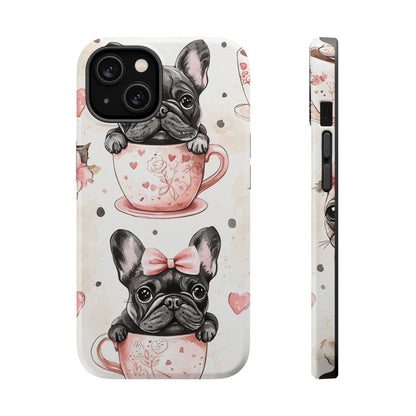 French Bulldogs in Teacups MagSafe iPhone Case – Cute Dog Design with Hearts & Bows, Shockproof & Slim