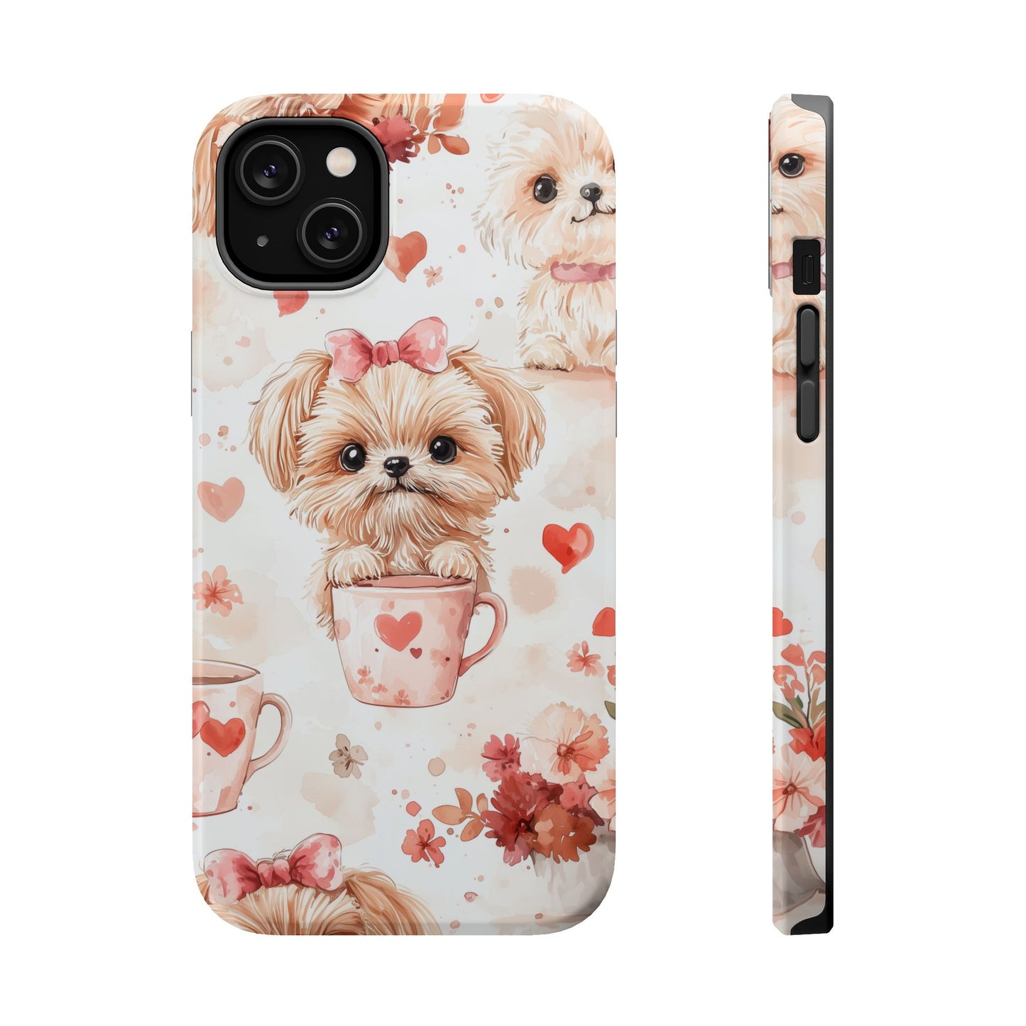 Puppies & Heart Mugs MagSafe iPhone Case – Sweet Dog & Floral Design, Shockproof & Slim