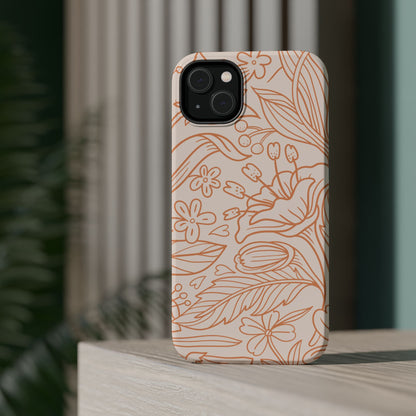 Soft Terracotta Floral Line Art Tough MagSafe iPhone Case – Minimalist Botanical Design with Dual-Layer Protection