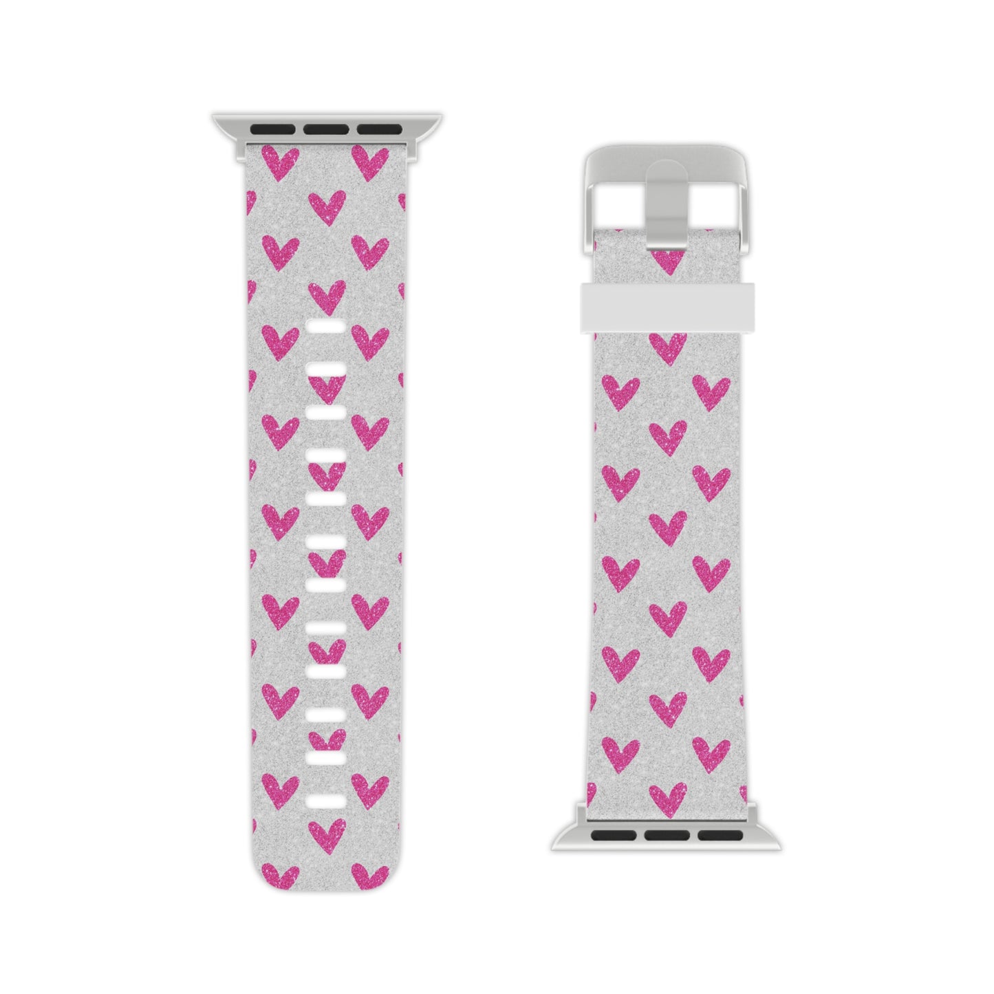 Pink Hearts on Glitter Silver Apple Watch Band