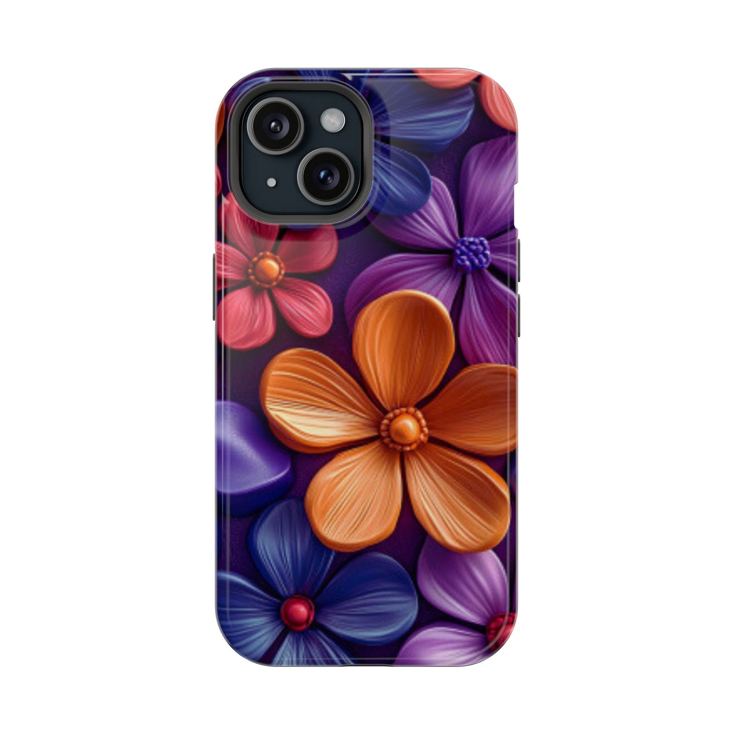 Bold Floral 3D MagSafe iPhone Case – Vivid Purple and Orange Flower Design, Shock-Resistant