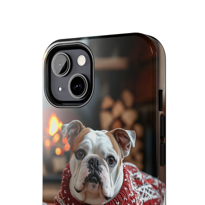 Cozy Bulldog in Sweater iPhone Case – Festive Fireplace Protective Cover