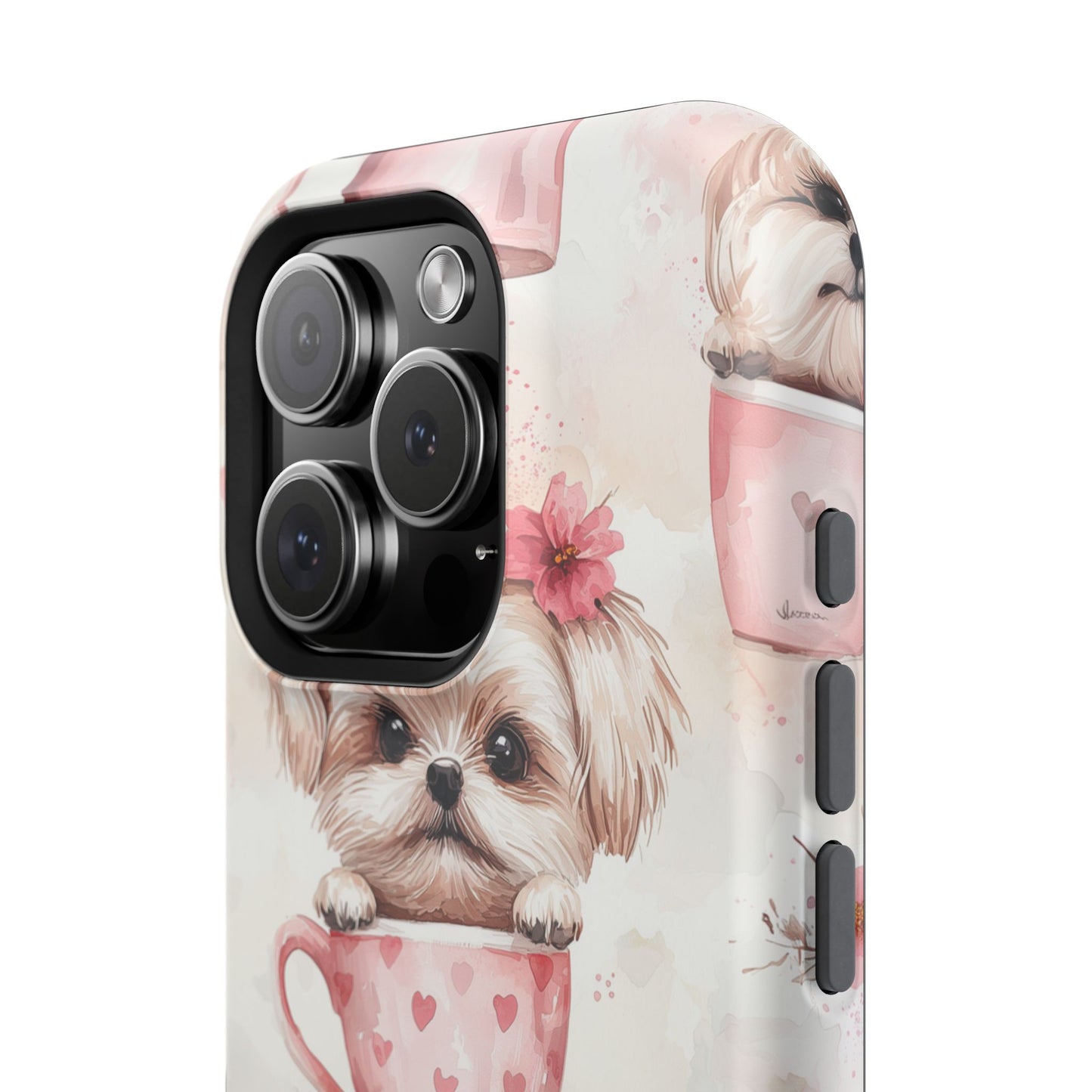 Floral Puppy in Teacup MagSafe iPhone Case – Cute Pink Flower Design, Tough Dual-Layer Protection