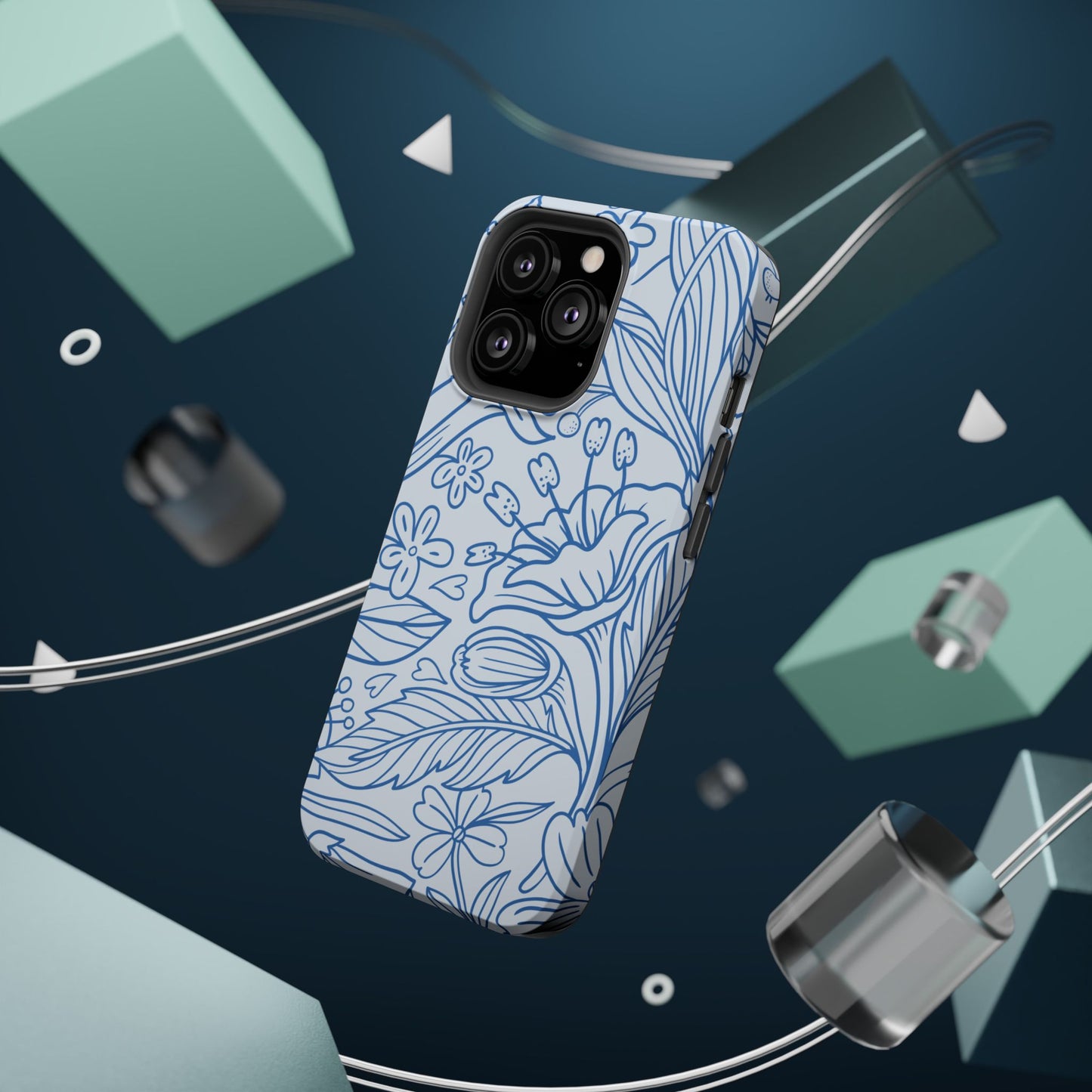 Dusty Blue Floral Line Art Tough MagSafe iPhone Case – Minimalist Botanical Design with Dual-Layer Protection