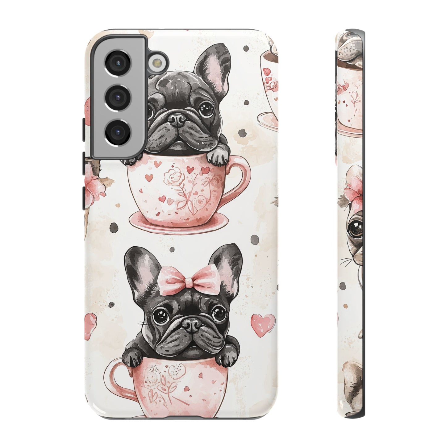 French Bulldogs in Teacups Samsung Galaxy Case – Cute Dog Design with Hearts & Bows, Shockproof & Slim